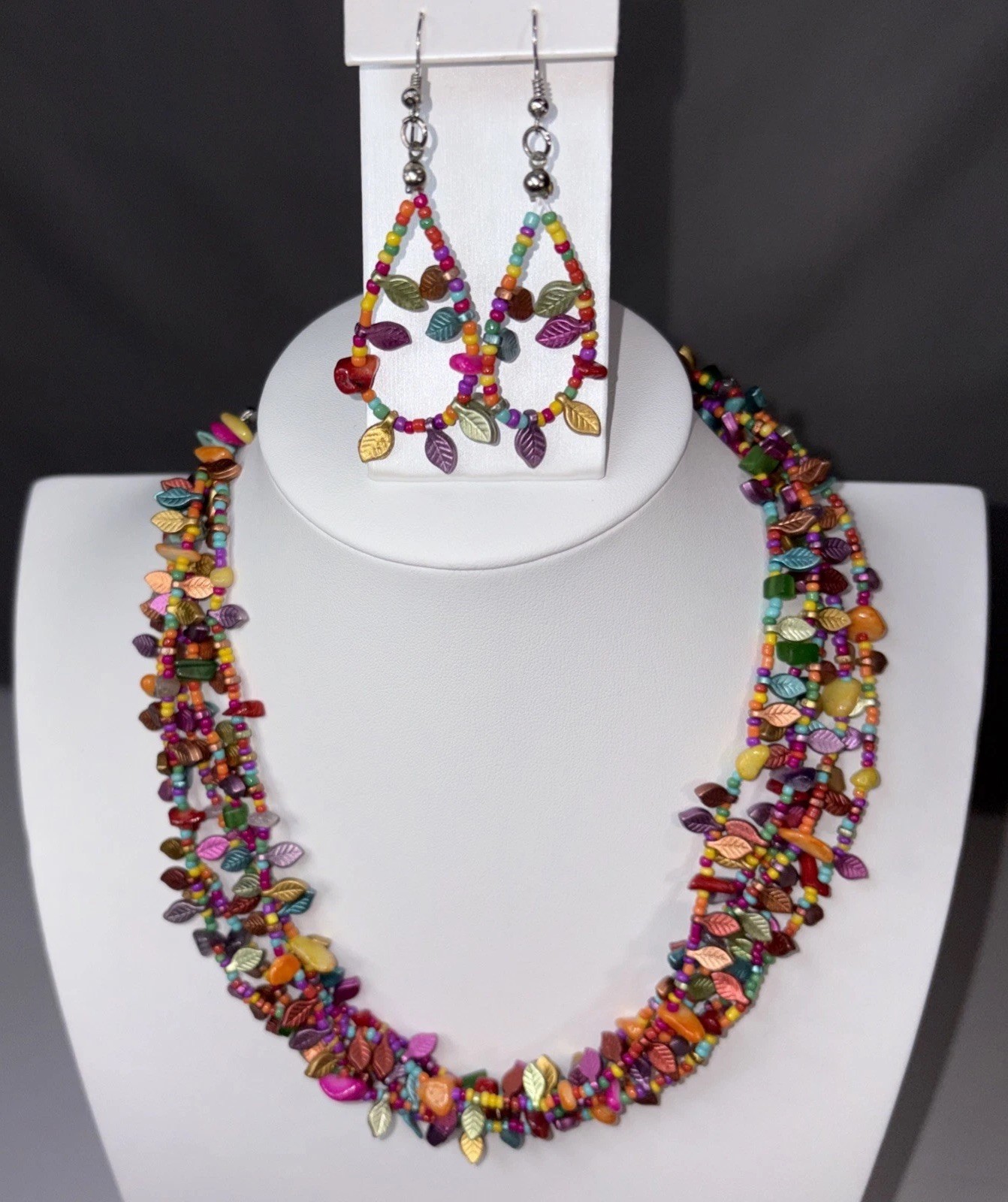 Multistrand Beaded Choker Necklace Earrings Set Leaf Fall FUN Beads Multicolor