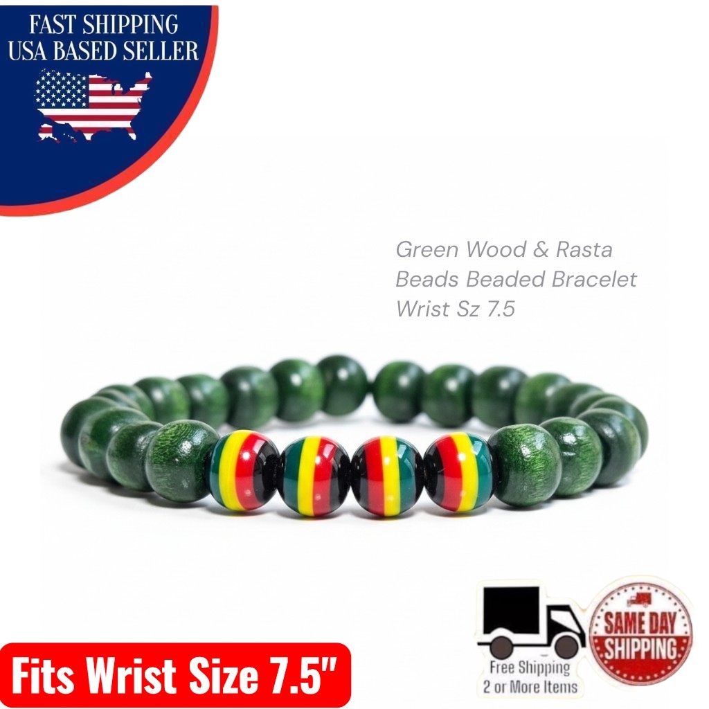 Green Wood & Rasta Beads Design 8mm Beaded Bracelet Wrist Sz 7.5