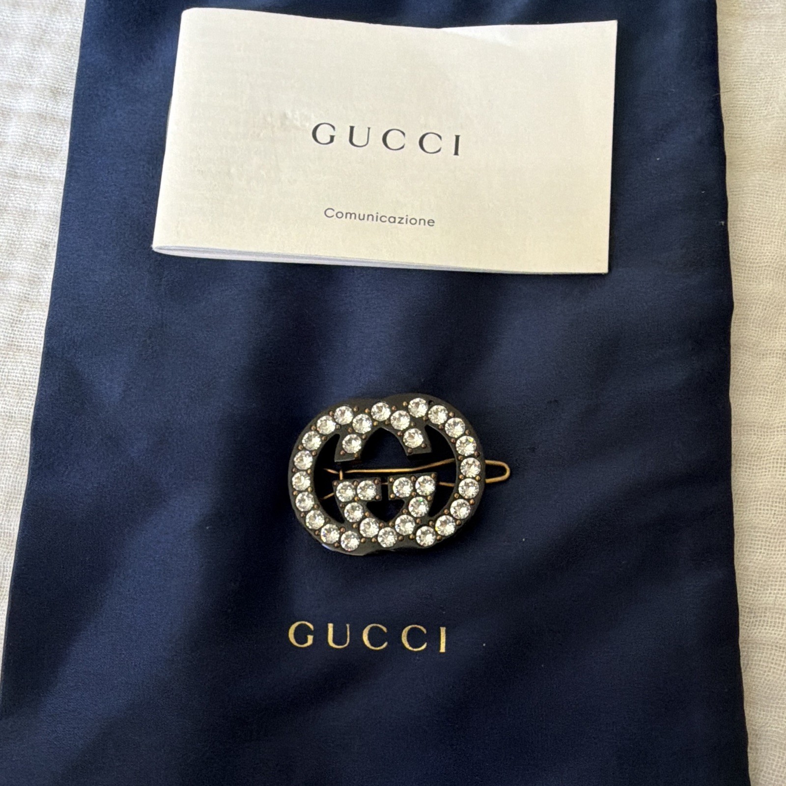 Gucci Signed Interlocking GG Crystal Enamel Oval Brooch Pin Gold/Black