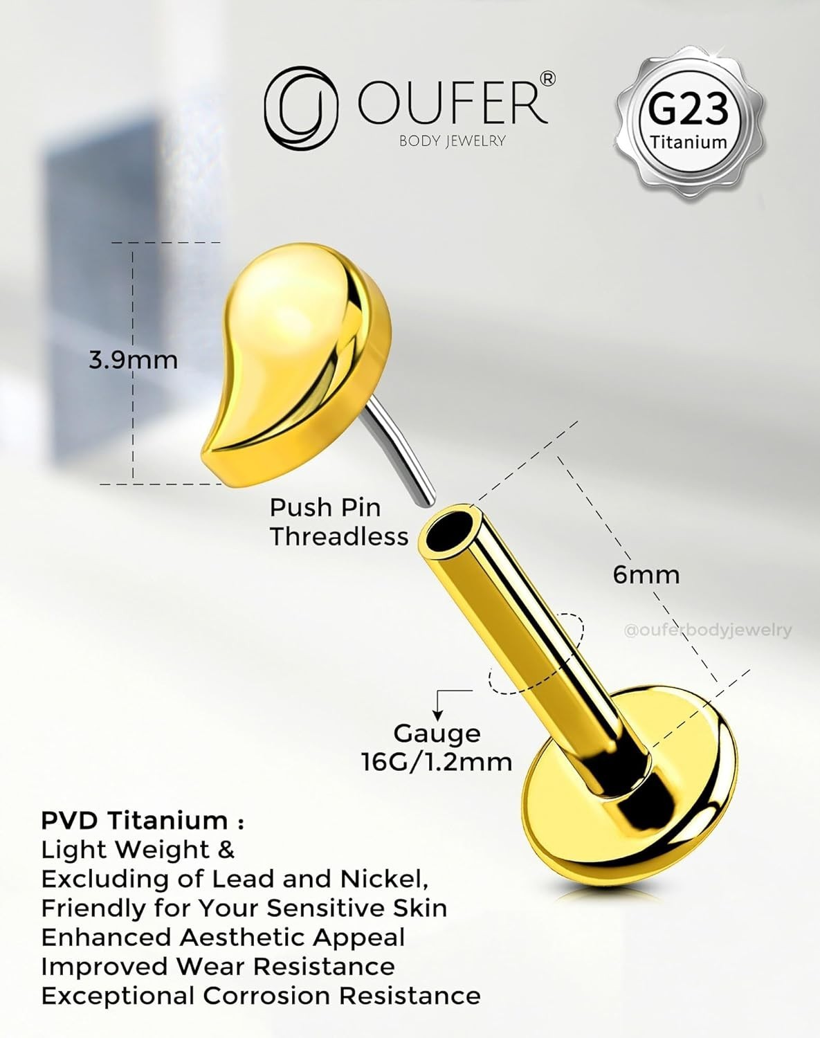 OUFER Body Piercing Labret Jewelry 16G Lip Bar Threadless 6mm, Gold