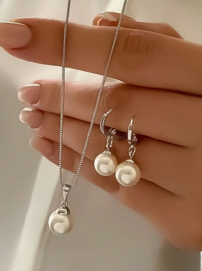 3 PCS Women Jewelry Set White Pearl İmitation Minimalist Necklace Earrings Gift