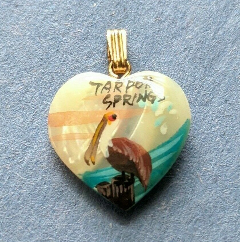 One Mother of Pearl Pelican on Beach Heart Shaped Pendant, Tarpon Springs, FLA