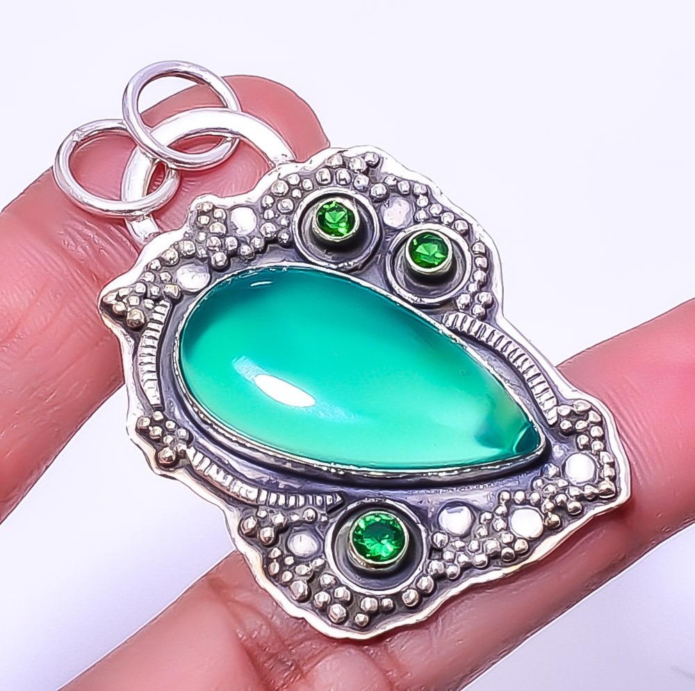 Green Onyx & Chrome Diopside Gemstone 925 Sterling Silver Pendant 1.95″ A378