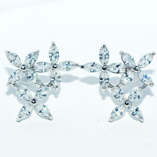 Pretty New Silver Filled Clear White Marquis CZ Triple Flower Stud Earrings