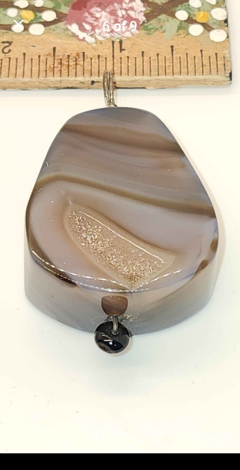 Banded Brown Gray Agate Stone Pendant Charm w/ Silver Metal Bail Loop