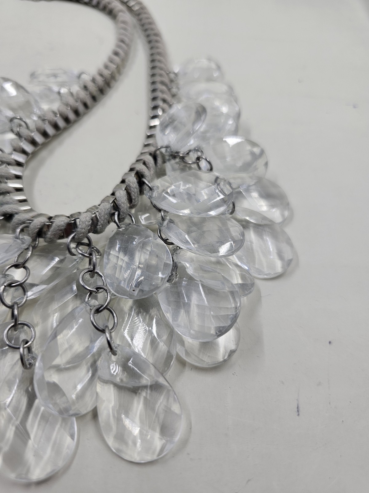 Clear Acrylic Teardrop Necklace Multi Strand Faceted Statement Bib Silver Tone