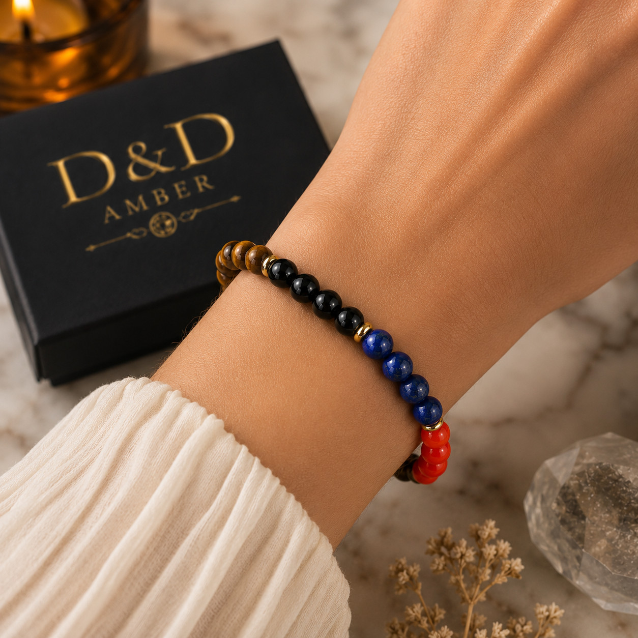 Natural Gemstone Beaded Bracelet Tiger Eye Lapis Coral Hematite Unisex Gift