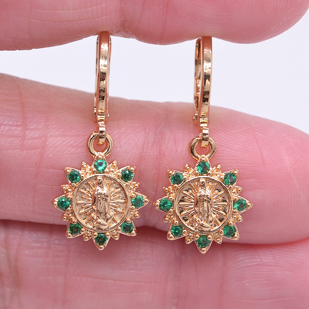 18K Yellow Gold Filled Women Green Topaz Fancy Flower Virgin Mary Drop Earrings