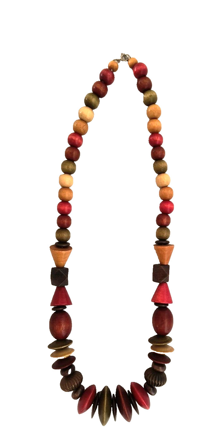 Women’s Boho Necklace Multicolor Wooden Beads Assorted Sizes and Shapes