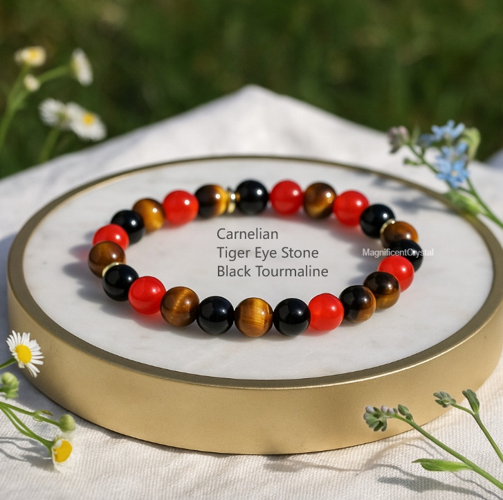 Carnelian Tiger Eye Stone Black Tourmaline Beaded Stretch Bracelet Unsex Jewelry