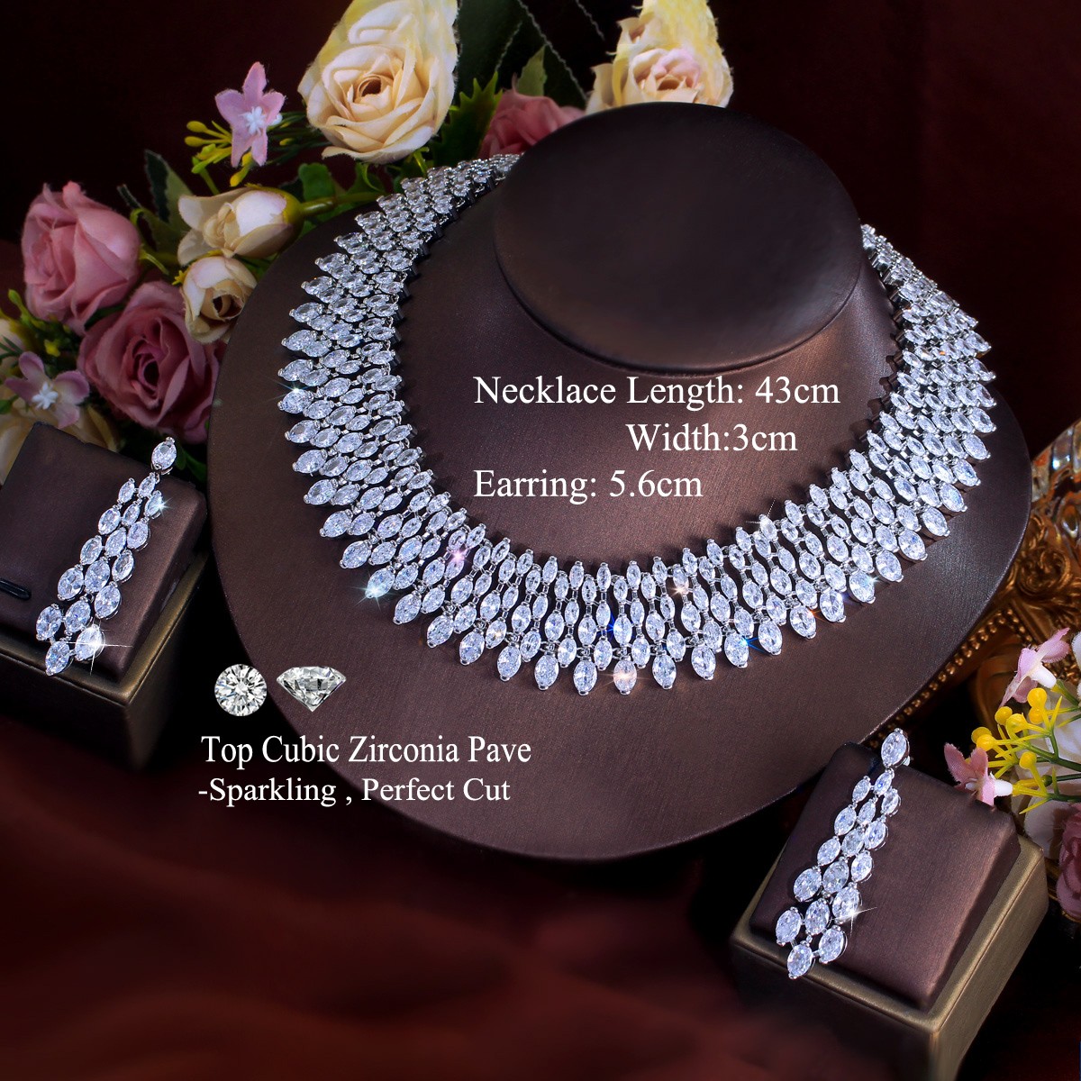 Dazzling Wedding Party Drop Necklace Earrings Silver Plated CZ White Jewelry Set