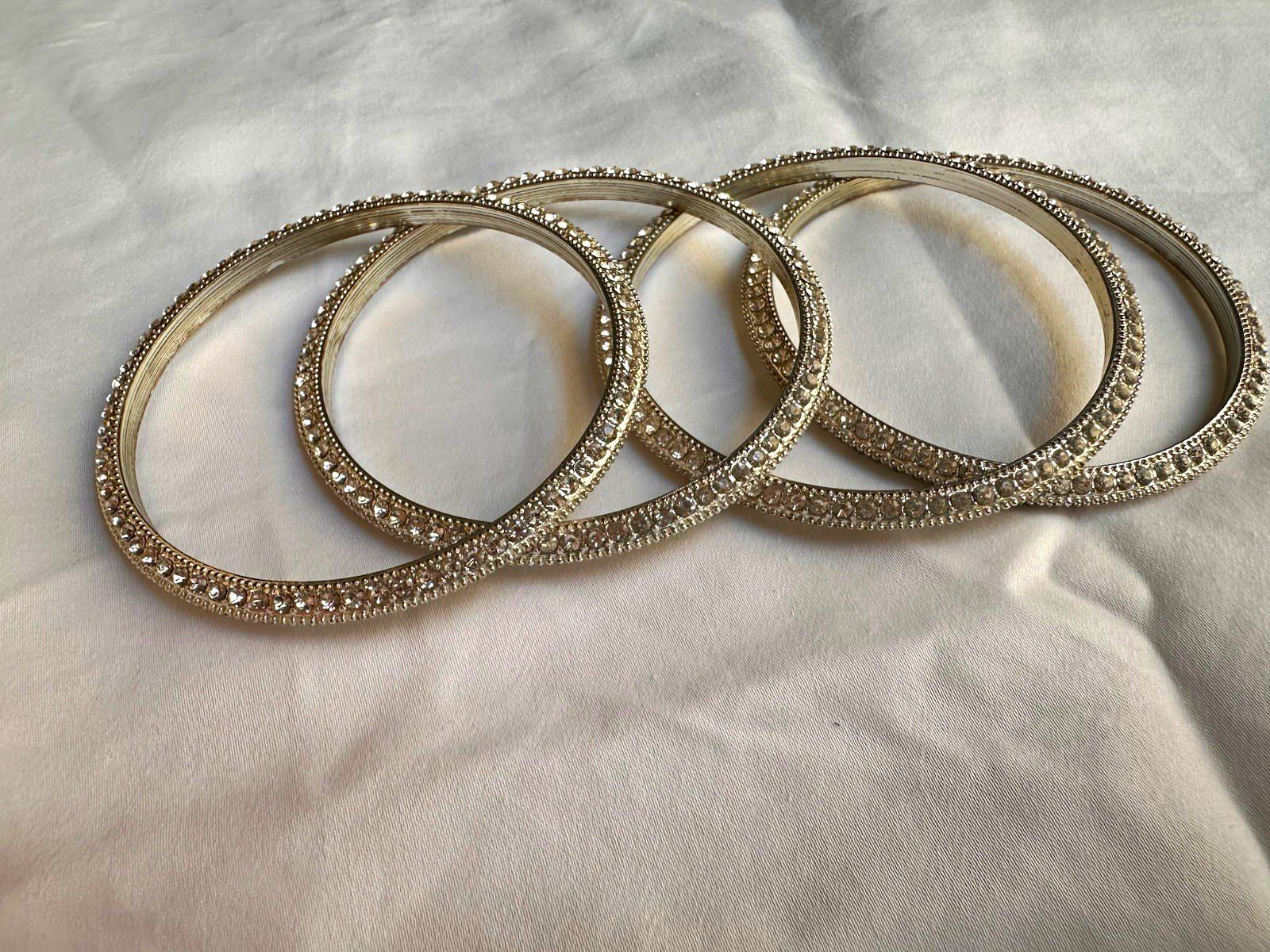 Set of 4 Silver Tone Stackable Bangle Bracelets Pavé Crystal Rhinestone