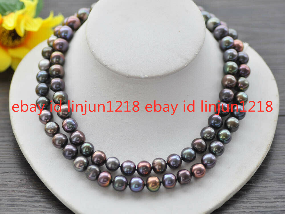 Beautiful 8mm-9mm Round Peacock-Black Freshwater Pearl Necklace 18-50inches