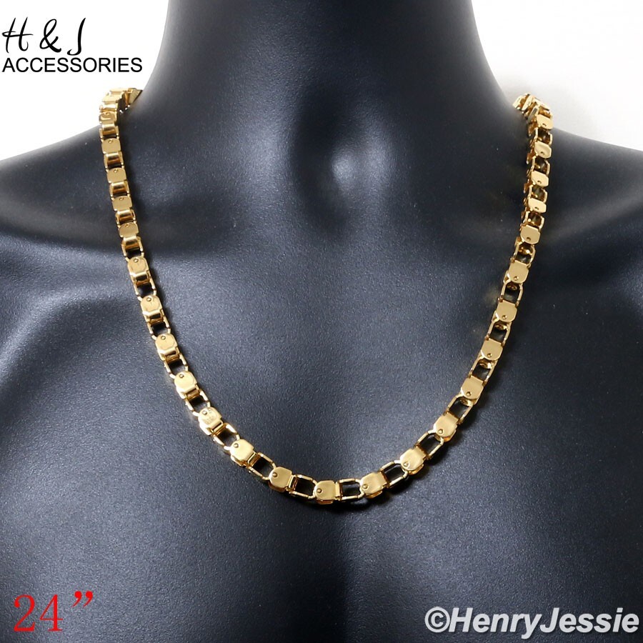 24″MEN’s Stainless Steel 7mm Gold Plated Box Bike Link Chain Necklace*AGN169