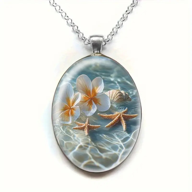 Summer Beach Flower Shell Oval Pendant Necklace