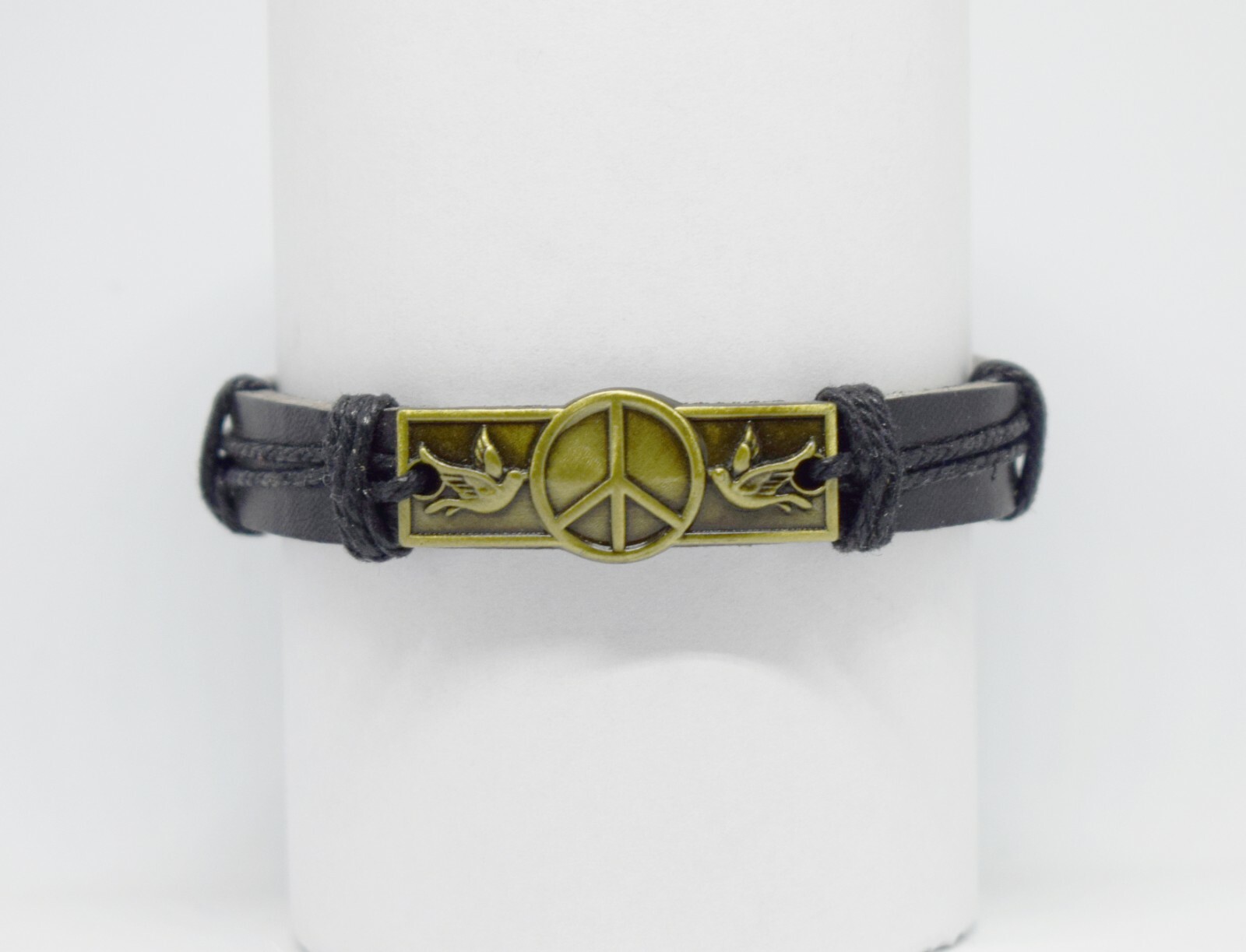 Peace bracelet black leather and waxed cotton cord with peace symbol adjustable
