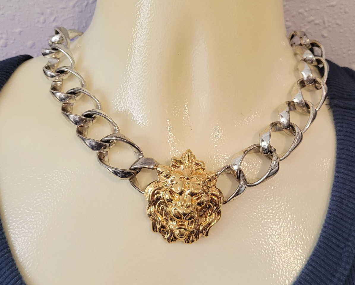 Silver Tone Gold Tone Chunky Lion Choker Necklace 15″