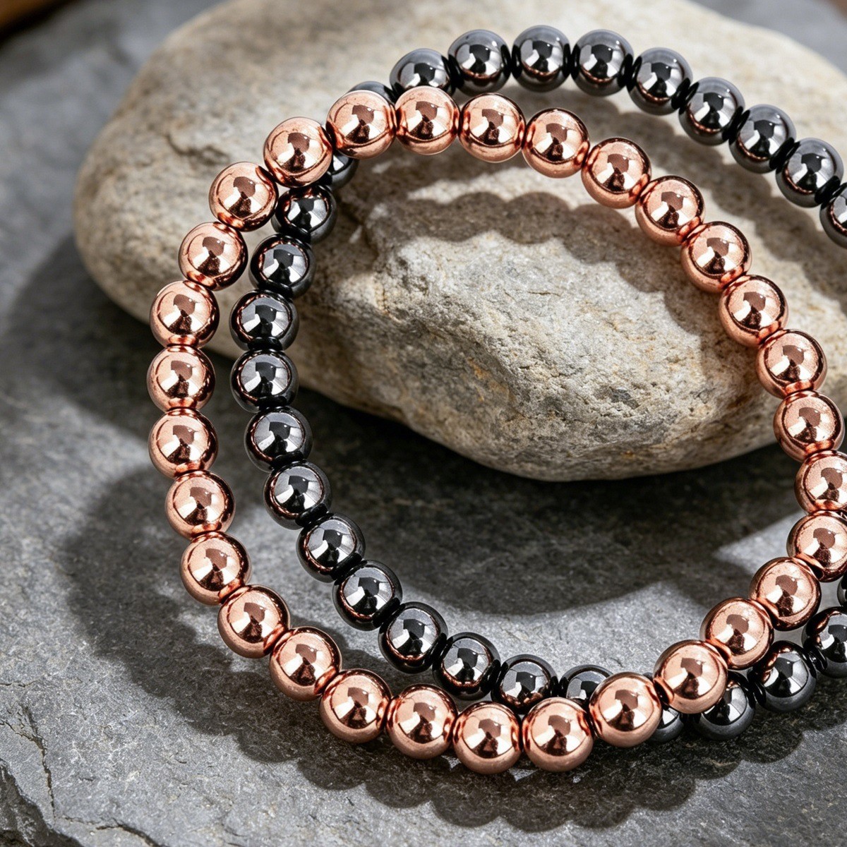 2Pcs 6mm Copper Hematite Bracelet Set Active Lifestyle Wellness Guardian Gift