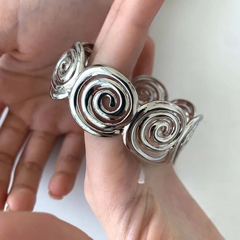 Punk Silver Geometric Spiral Bracelet Vintage Metal Open Adjustable Cuff Bangle