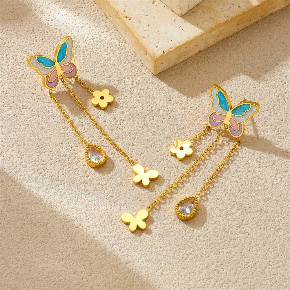 316L Stainless Steel Enamel Butterfly Tassel Jewelry Set for Women