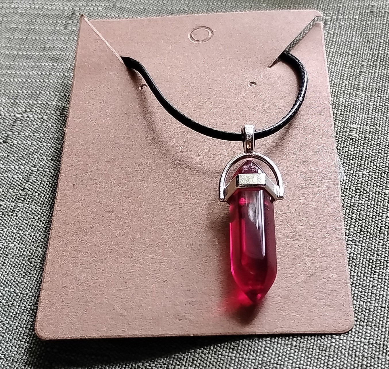 Charm Pendant Necklace Red Hexagon Crystal Silver Tone Black Cord