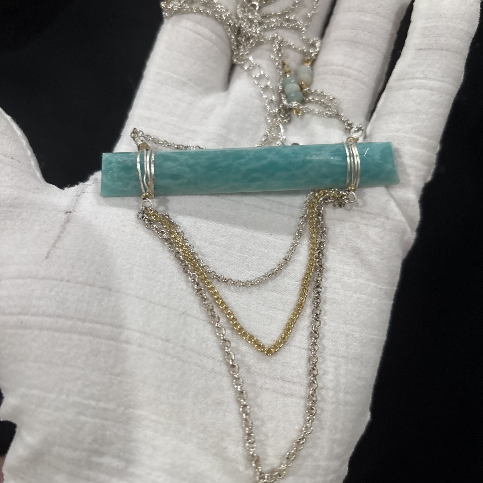 Nakamol Amazonite Bar Necklace Silver Tone Layered Chain 30-33”