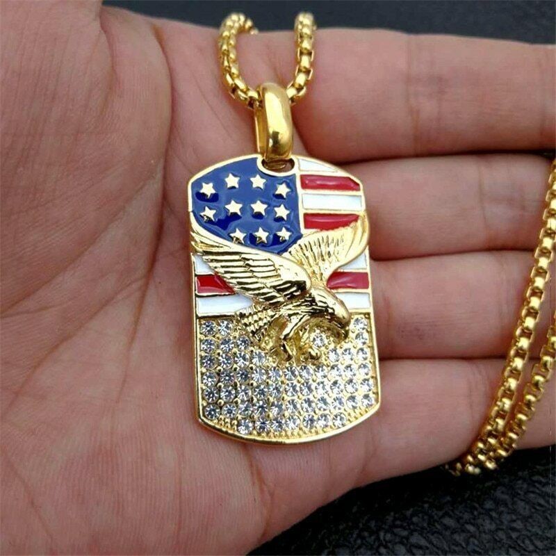 American Flag Eagle Dog Tag Pendant Stainless Steel Patriotic Necklace