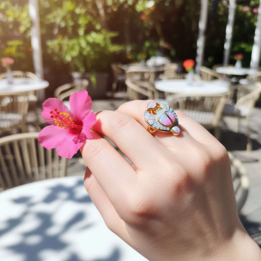 Opal Pinky Gold Scarab Ring, Egyptian Talisman, Adjustable Ring
