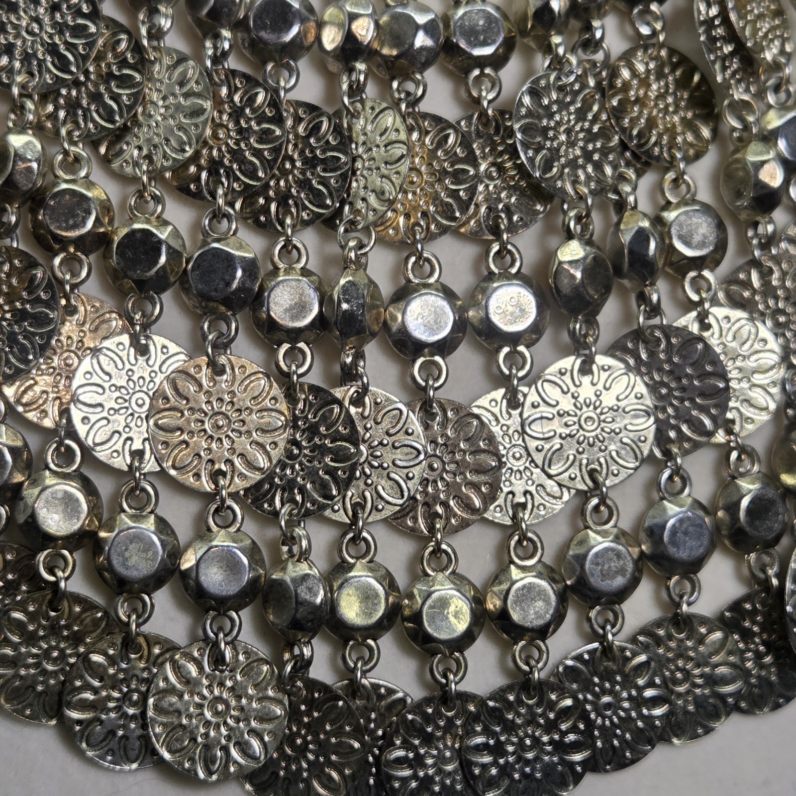 Dangling Coin Choker Bib Collar Silver Tone Metal Egyptian Necklace and Earrings