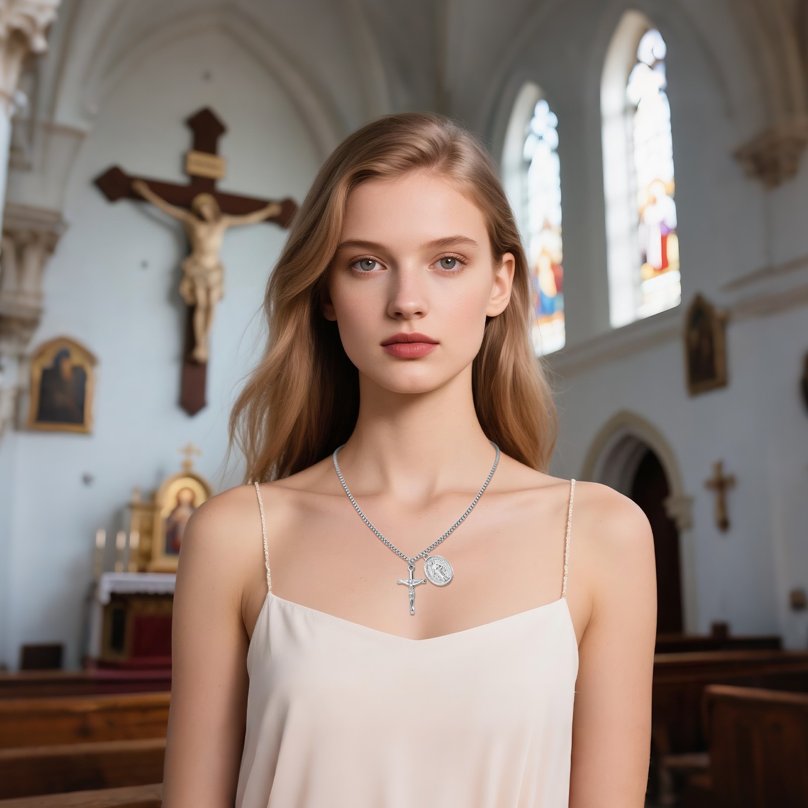 Virgin Mary Jesus Cross Crucifix Rosary Necklace with Miraculous Medal Men Women