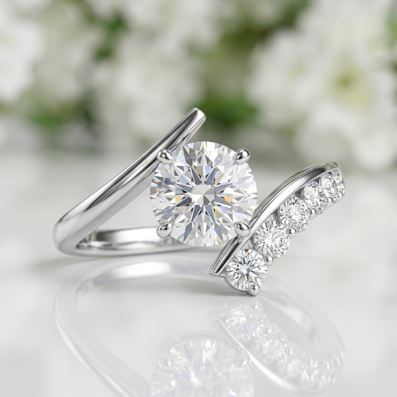 Round Cut CZ Engagement Ring, Cubic Zirconia Solitaire Ring, Bypass Promise Ring