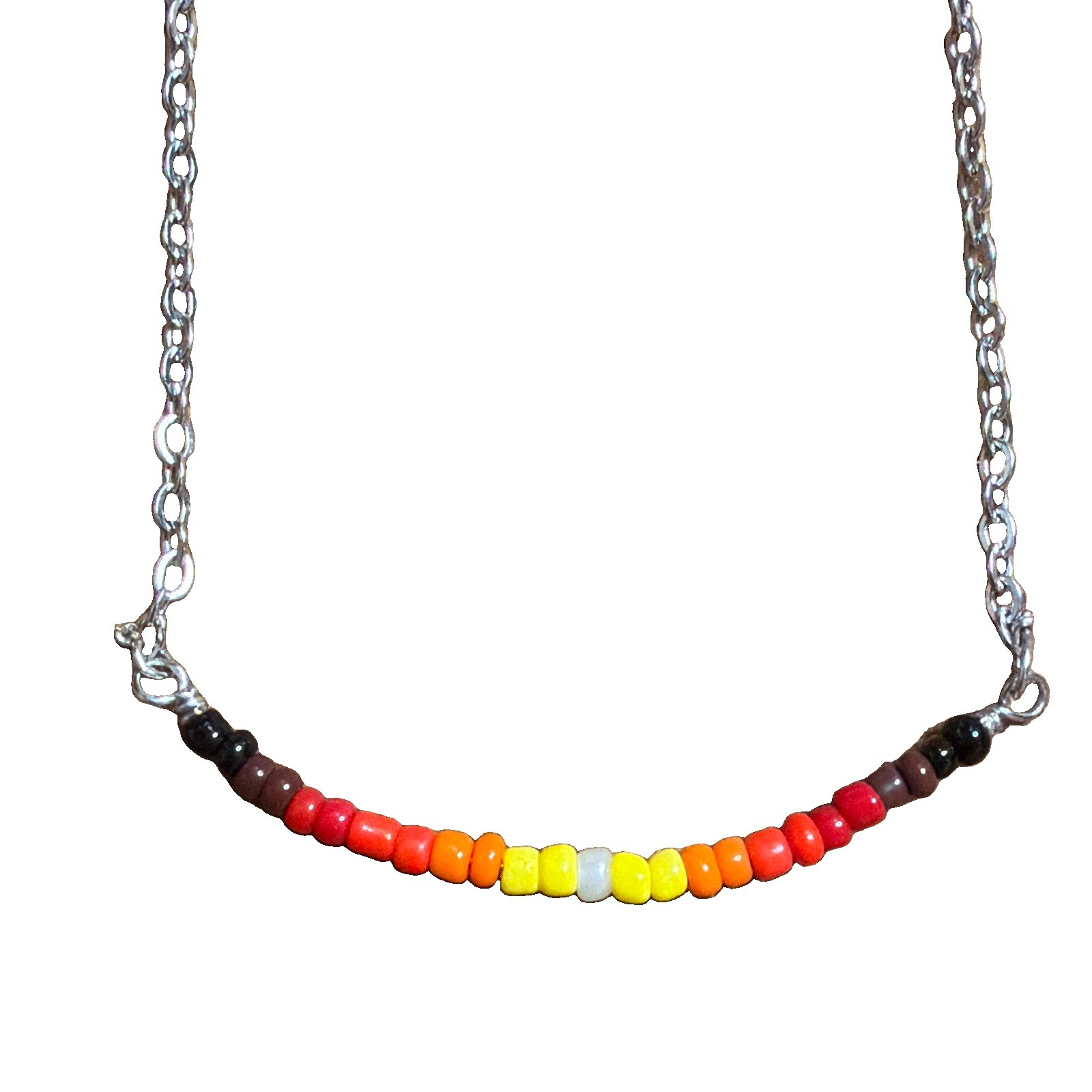 Hand Made Seed Bead And Chain Necklace Sunset Tones Western Style 18”