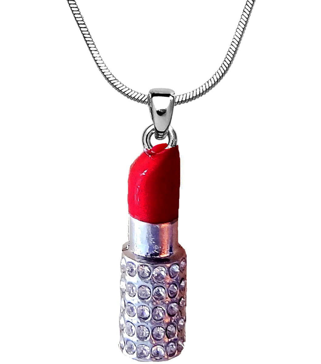 Beautiful Red Lipstick Pendant Necklace Rhodium Plated in a Gift Box