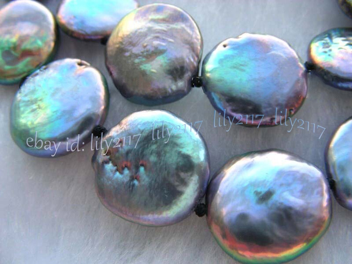 RARE LARGE 13-14MM NATURAL BLACK COIN SHAPE FRESHWATER PEARL NECKLACE 14-36inch
