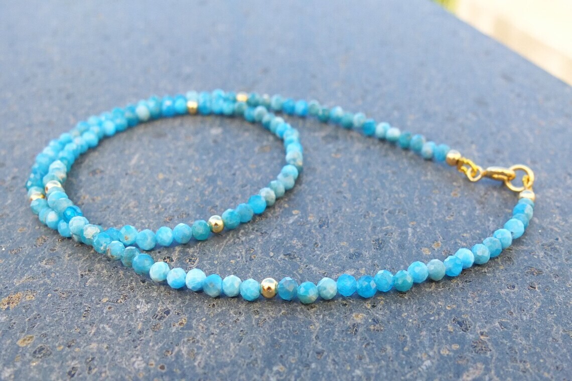 A++Beautiful Apatite Faceted Round Gemstone Gold Feld Beads Necklaces 18” Girls