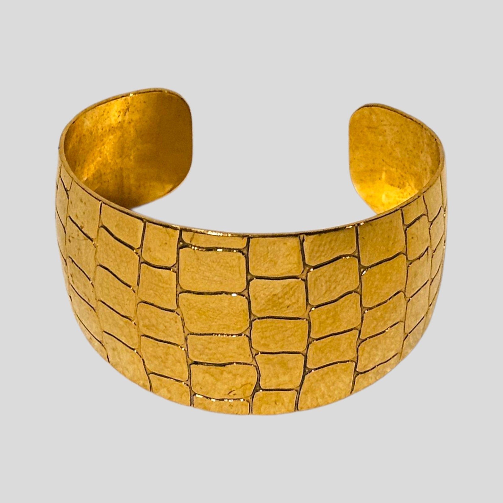 Bold Gold-Tone Crocodile Textured Wide Cuff Bracelet 2.25″ Diameter 1.25″ Width