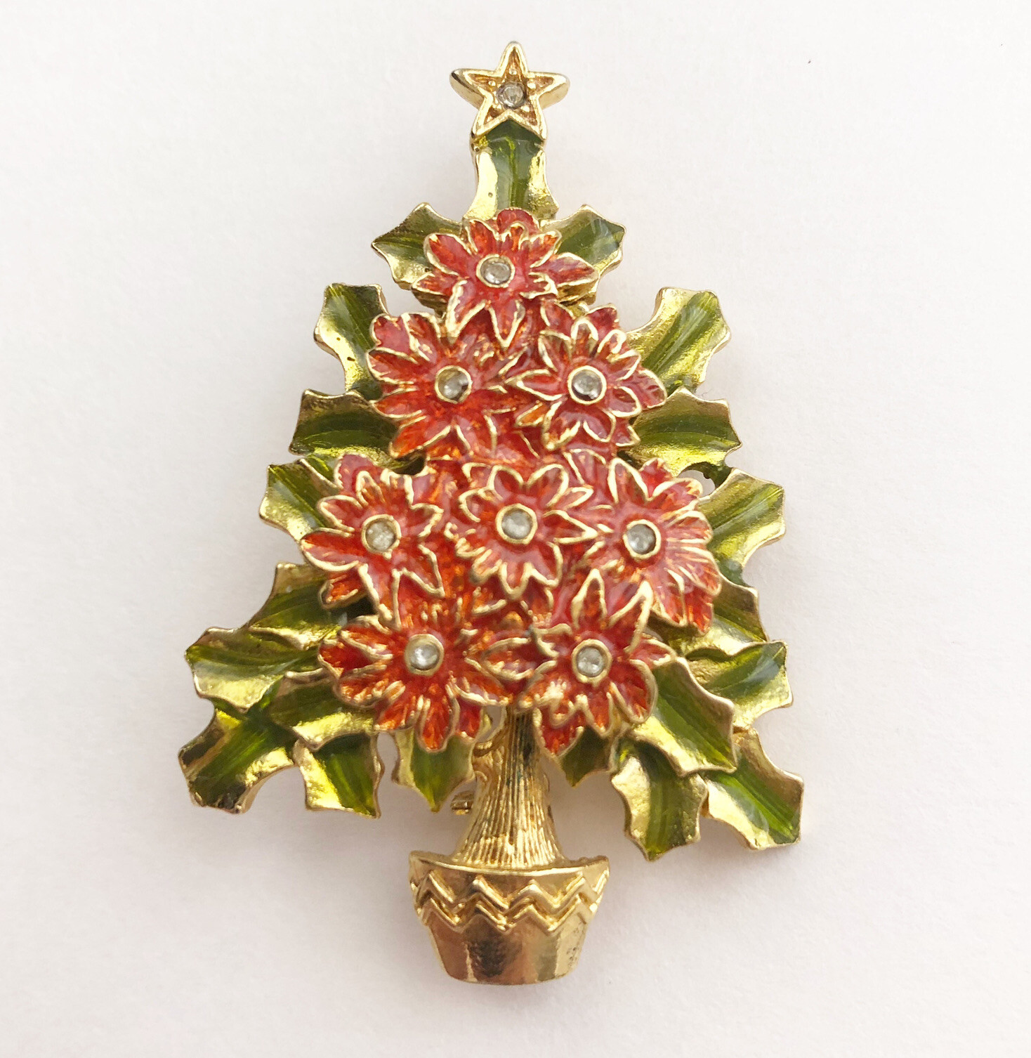 Christopher Radko Enamel Rhinestone Poinsettia Christmas Tree Brooch Pin Vintage