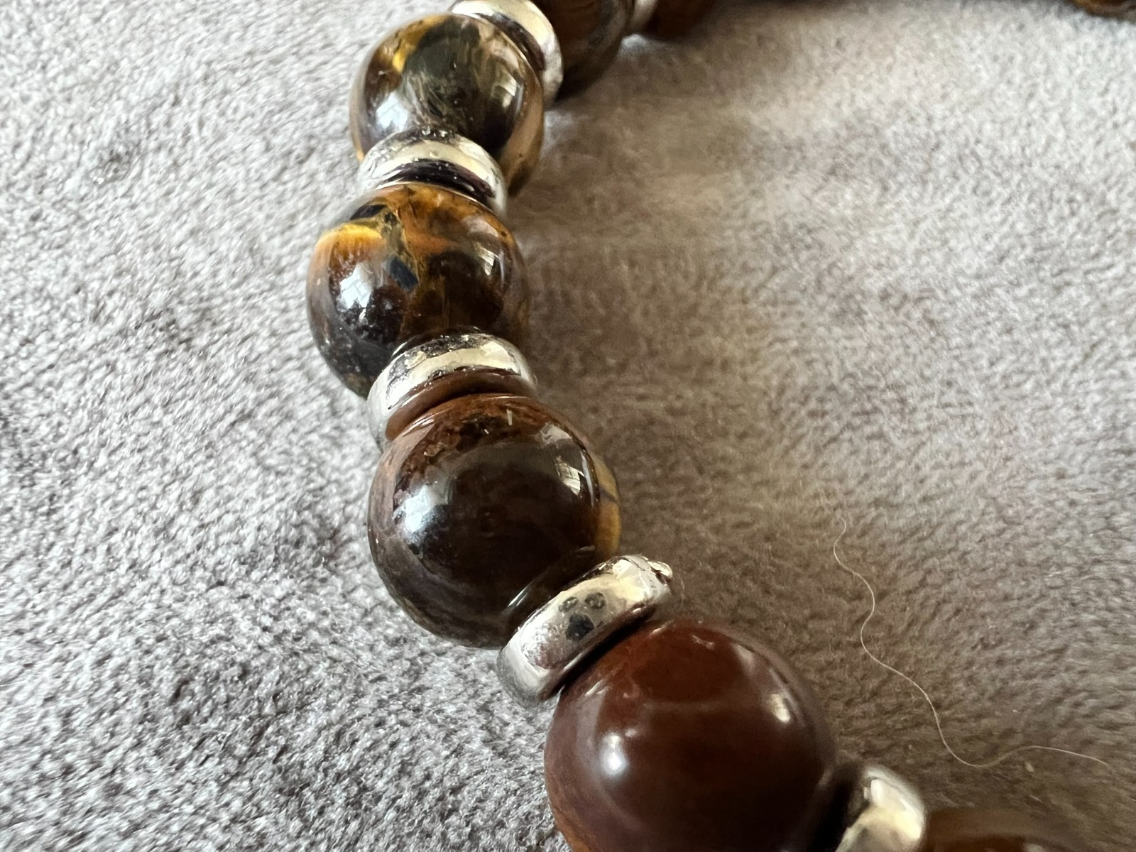 handmade elastic unique tiger eye stone beads & silver accents bracelet