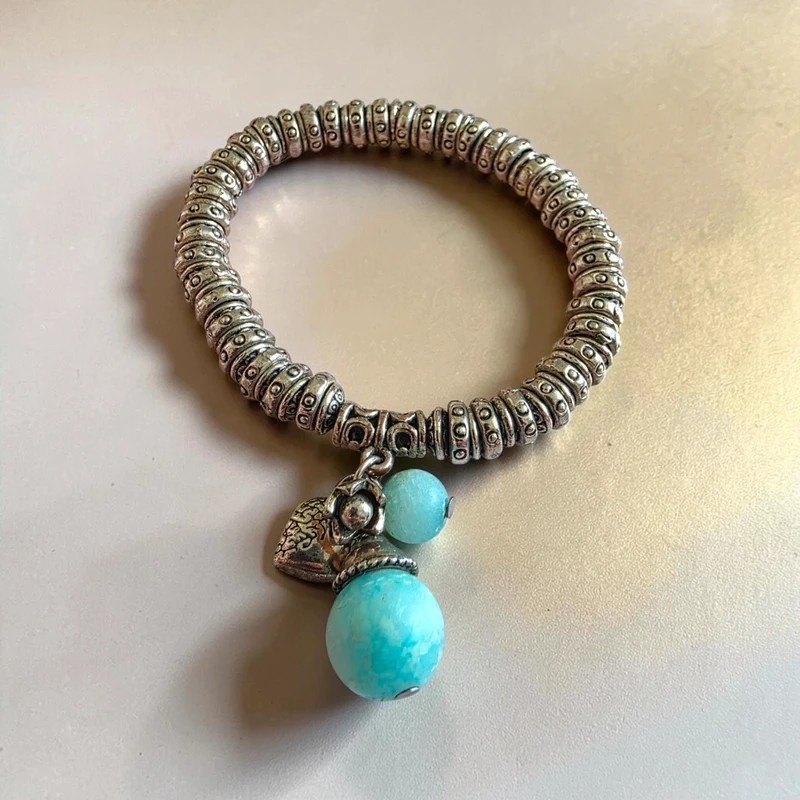 Dyed Blue Calcite & Silver‑Tone Charm Stretch Bracelet – Boho Style Gift Crystal