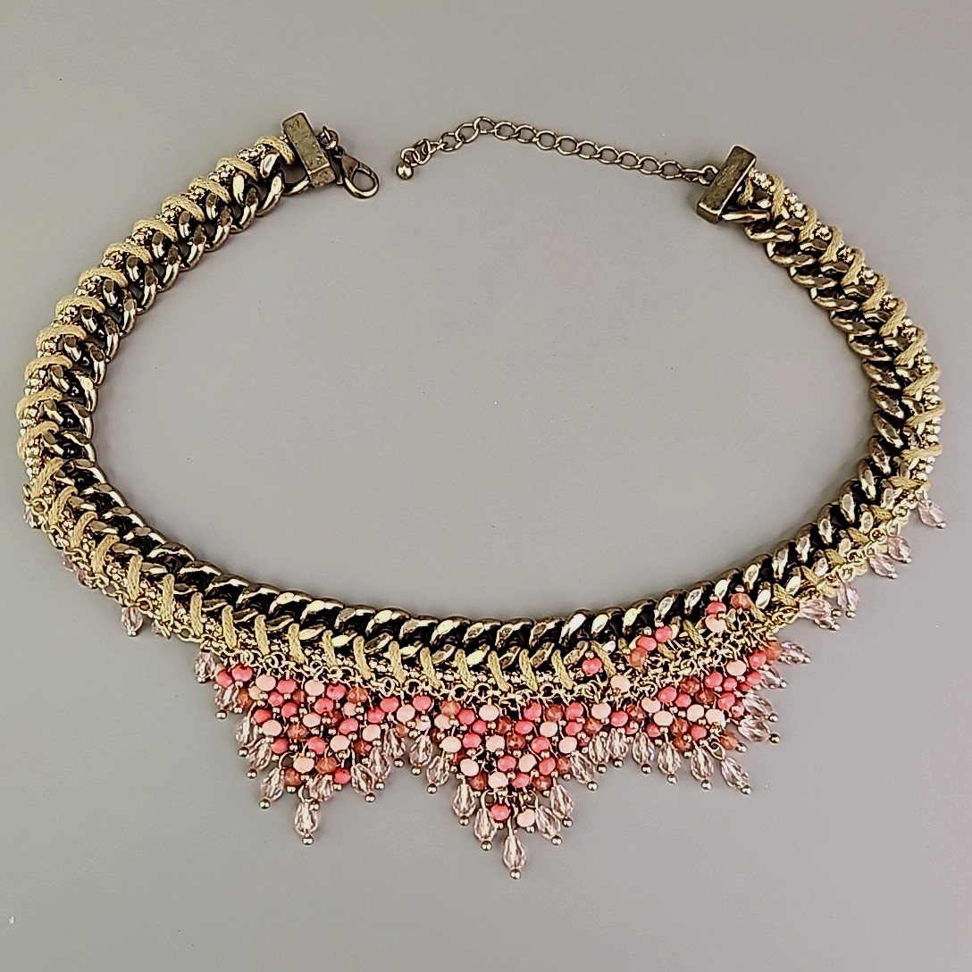 Chain Bib Necklace Pink Gold Tone Triple Pointed Drops 18″