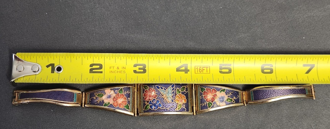 Vintage Chinese Cloisonne Enamel Panel Link Bracelet Butterfly Floral Purple