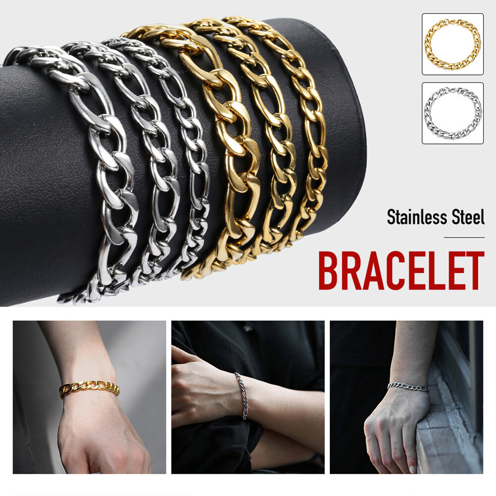 3/5/7/9mm Gold Plated Stainless Steel Figaro Link Chain Bracelet Men Women 7-10″