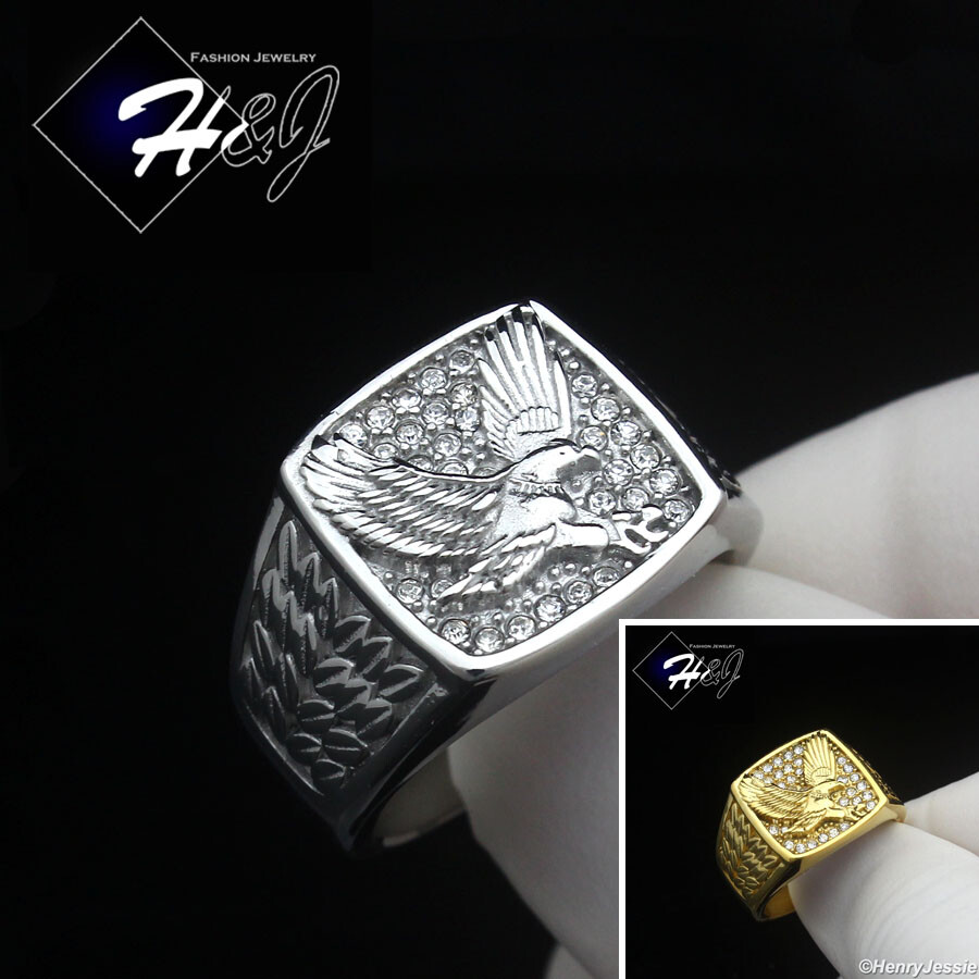 MEN’s Stainless Steel Icy Bling CZ Gold Plated/Silver EAGLE Square Ring*SR153