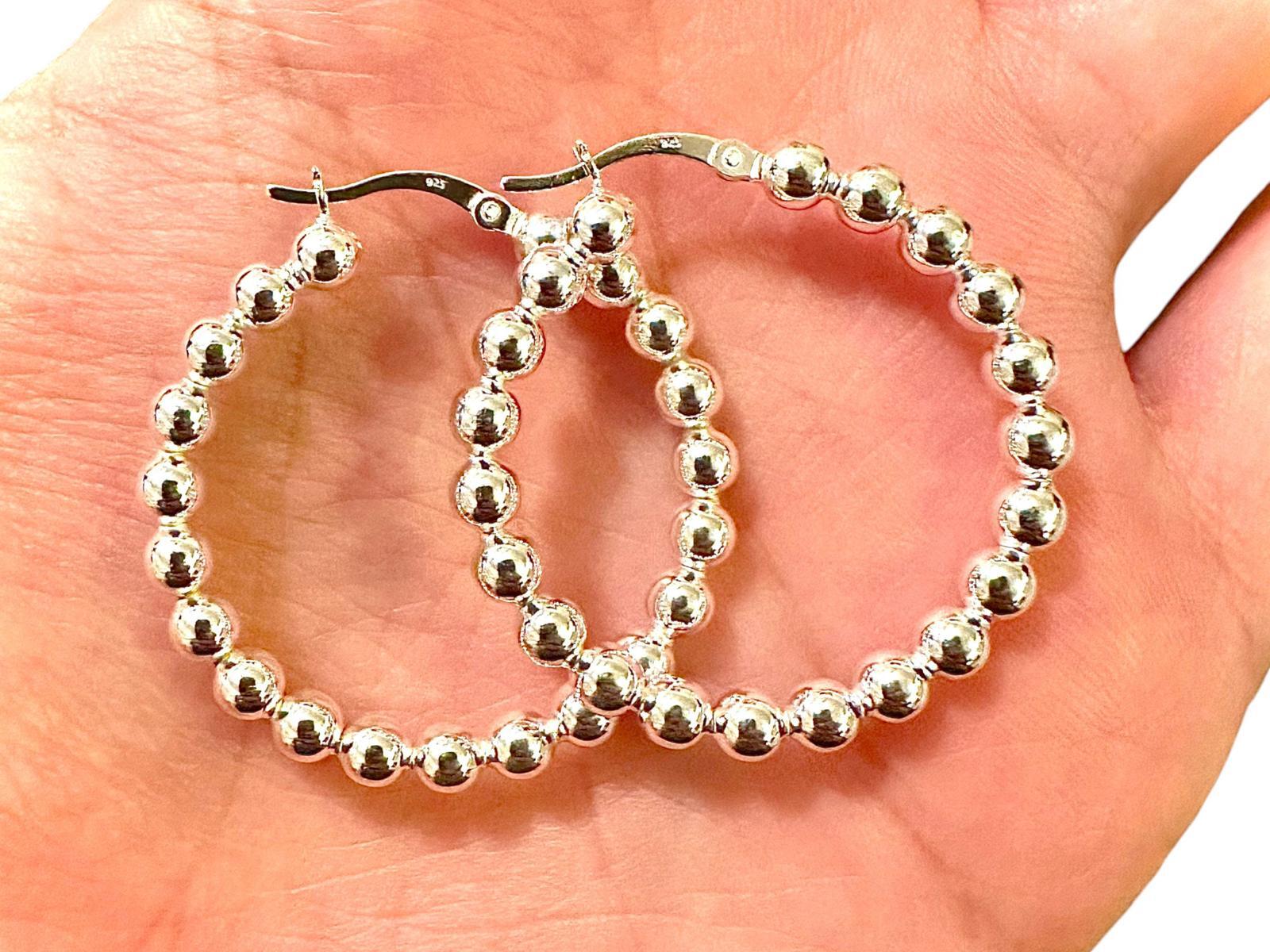925 Sterling Silver Hoop Earrings 35mm Beaded Ball Hoops Women