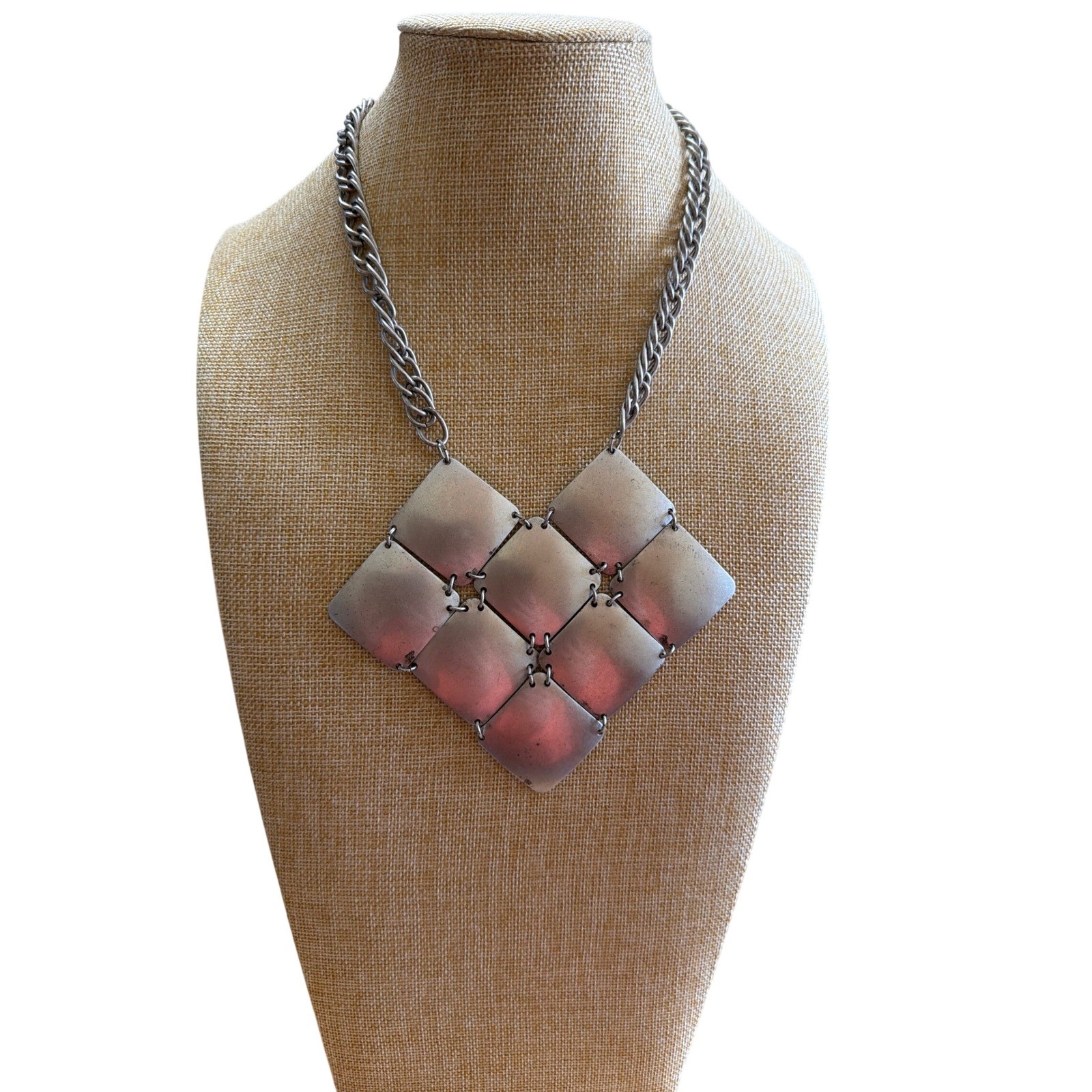 Geometric Silver Tone Square Plate Bib Statement Necklace Chunky Chain Edgy