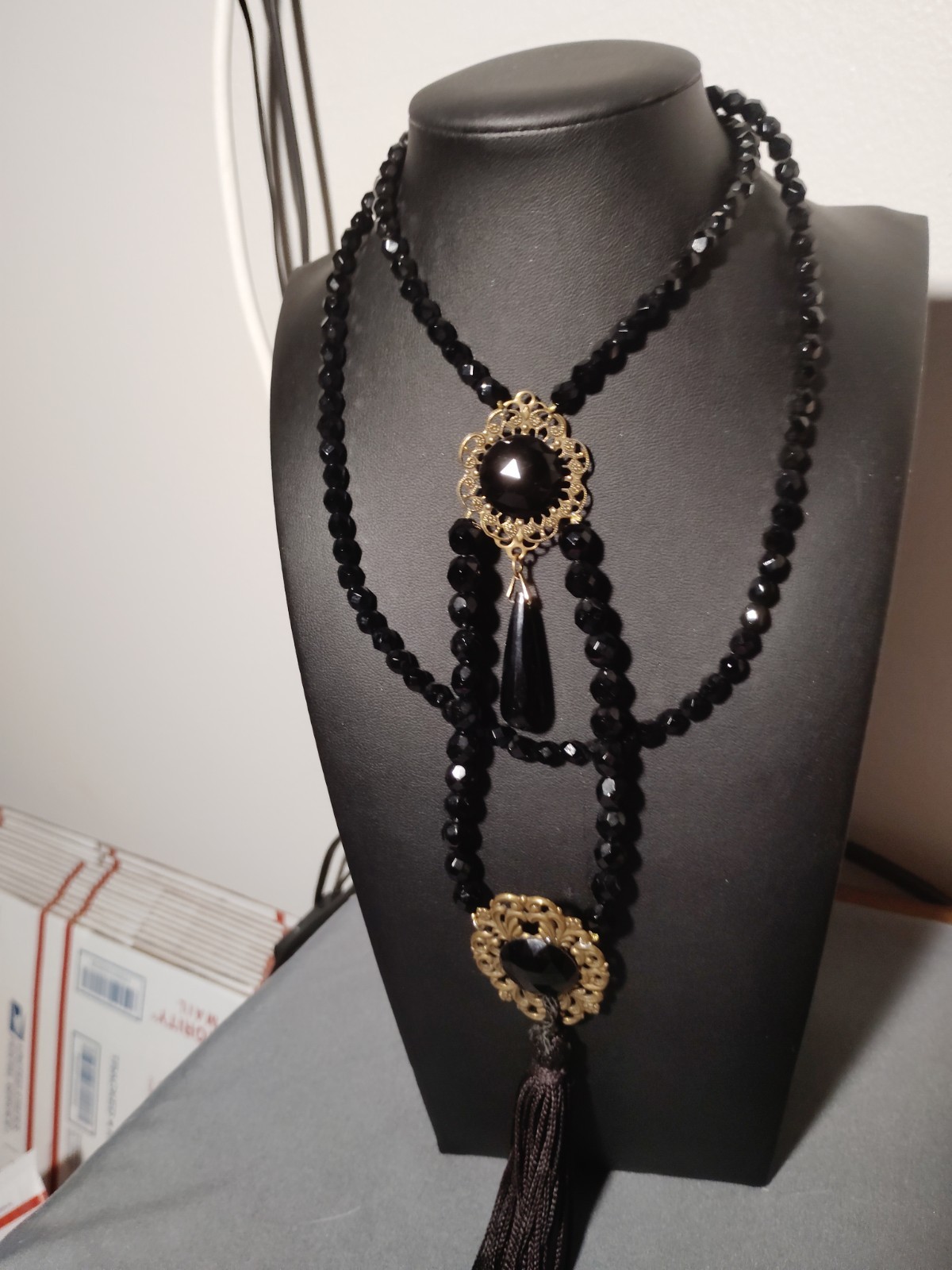 Victorian Revival Black Faceted Bead Multi Strand Tassel Necklace Gold Tone