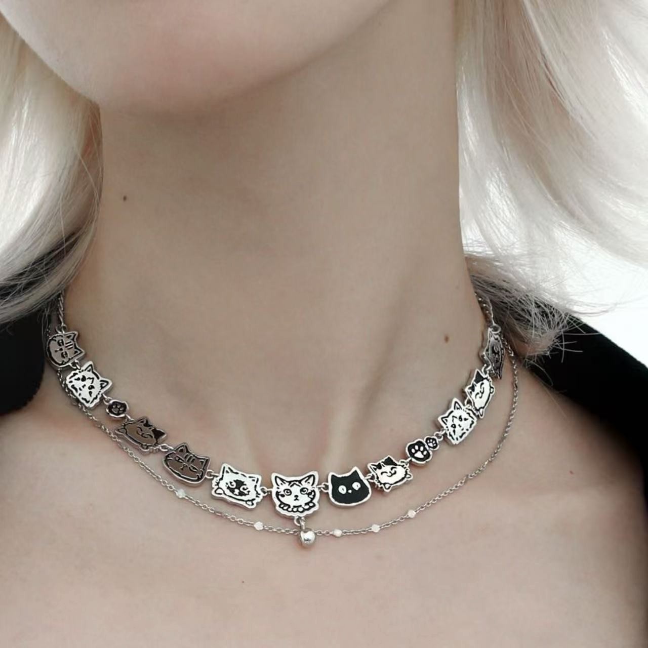 Y2K Double-Layer Cat Face Necklace, Vintage Silver Kitten Portrait Necklace