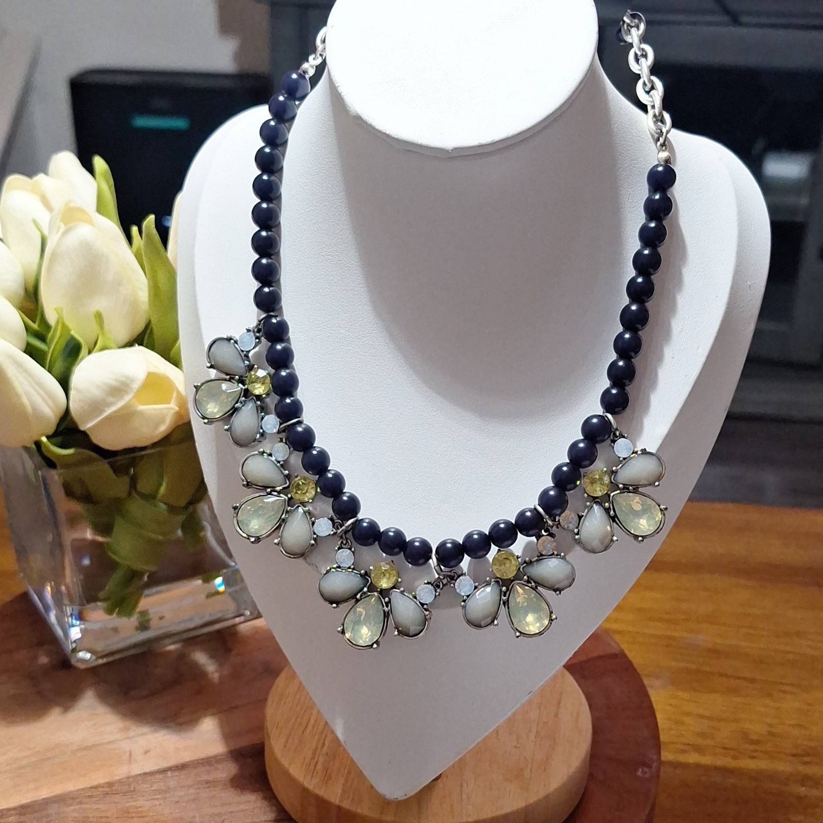 The Limited Blue Beaded Statement Floral Crystal Teardrop Necklace Silver Tone