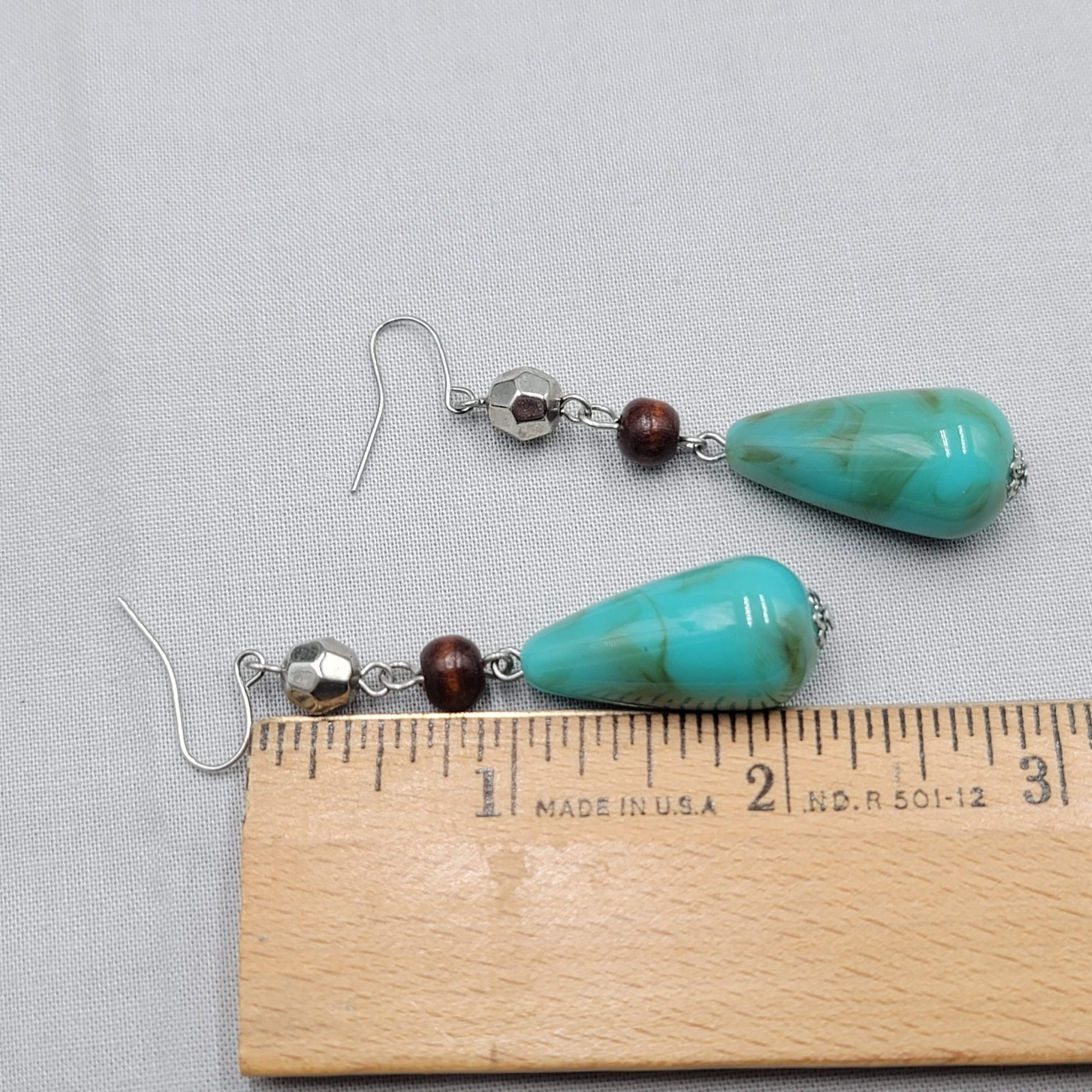 Turquoise Blue Swirl Bead Pierced Earrings Silvertone Dangle Acrylic Metal 2.25″