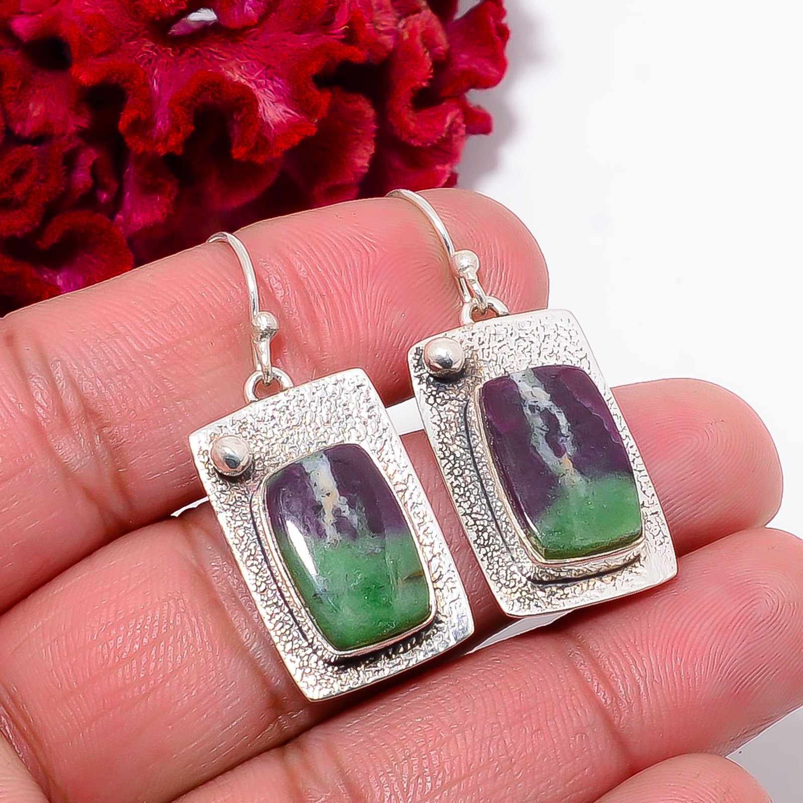 Natural Ruby With Zoisite – Tanzania 925 Sterling Silver Earring 1.56″ E102711
